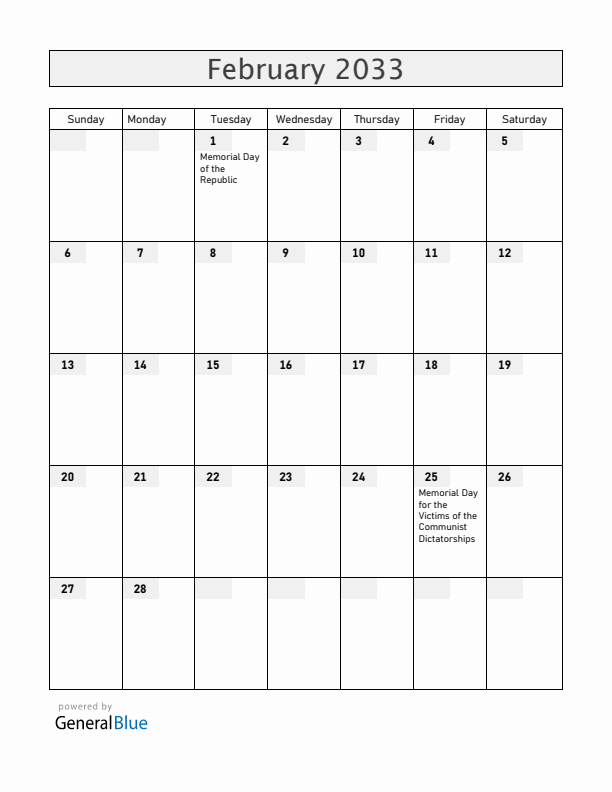 Hungary February 2033 Calendar with Holidays