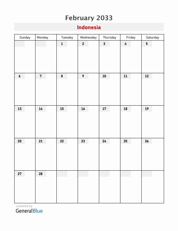 Indonesia February 2033 Calendar with Holidays