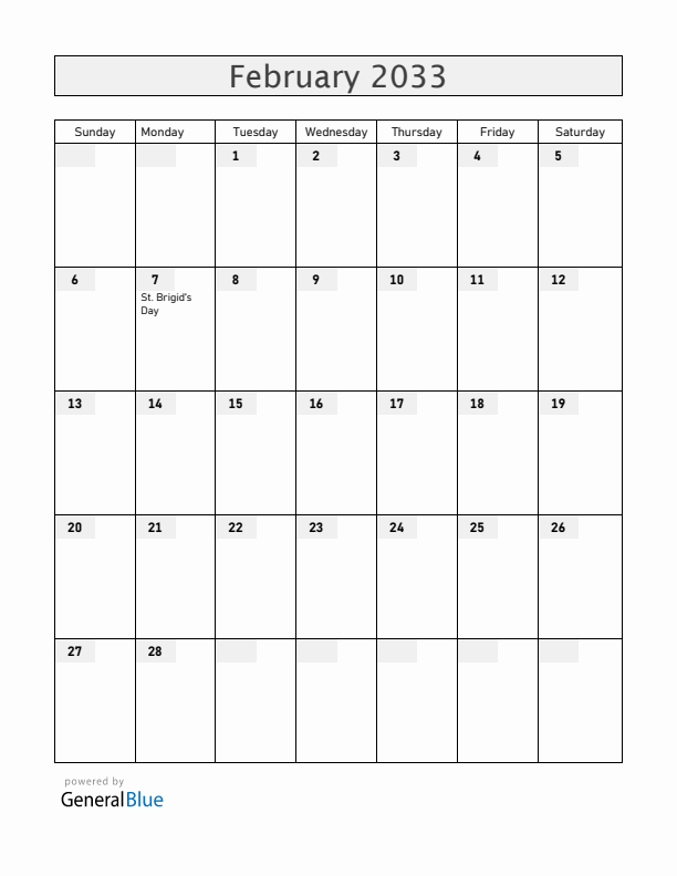 Ireland February 2033 Calendar with Holidays