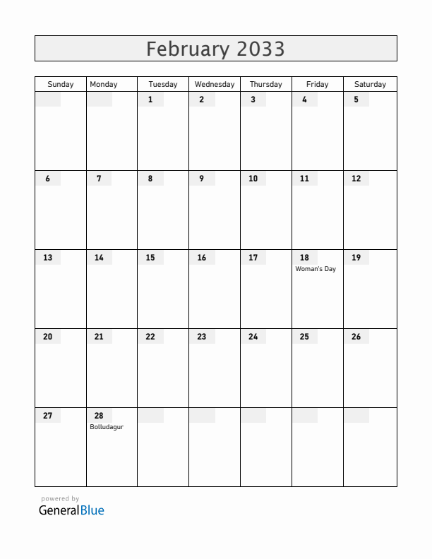 Iceland February 2033 Calendar with Holidays