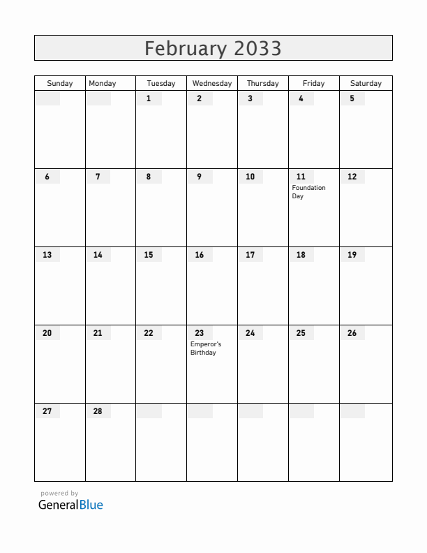 Japan February 2033 Calendar with Holidays