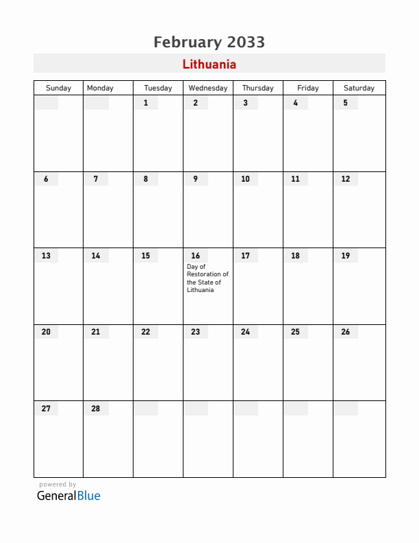 Lithuania February 2033 Calendar with Holidays