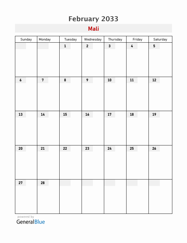 Mali February 2033 Calendar with Holidays