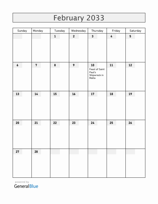 Malta February 2033 Calendar with Holidays