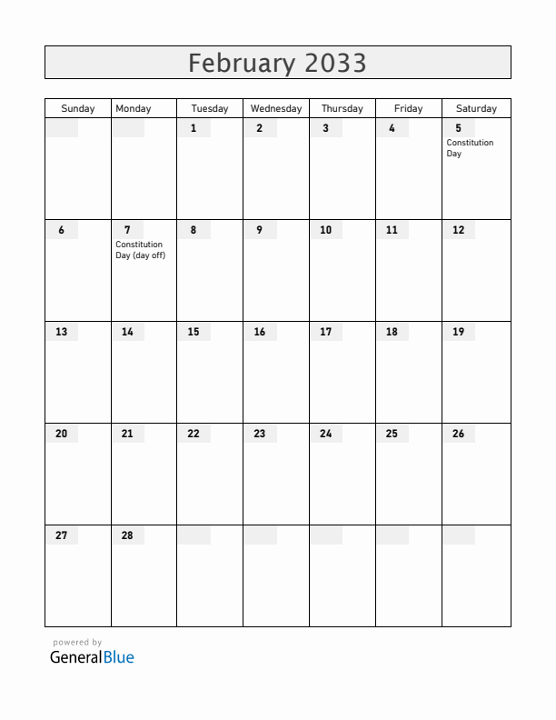 Mexico February 2033 Calendar with Holidays