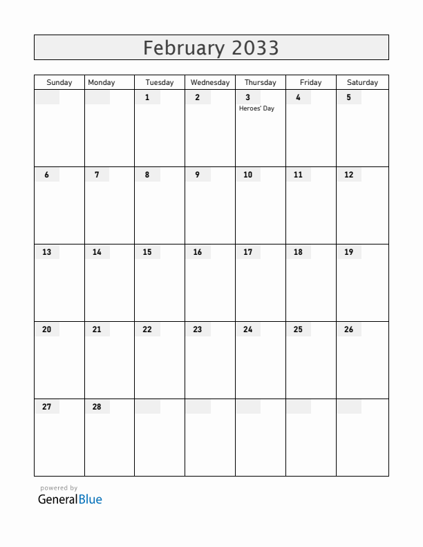 Mozambique February 2033 Calendar with Holidays