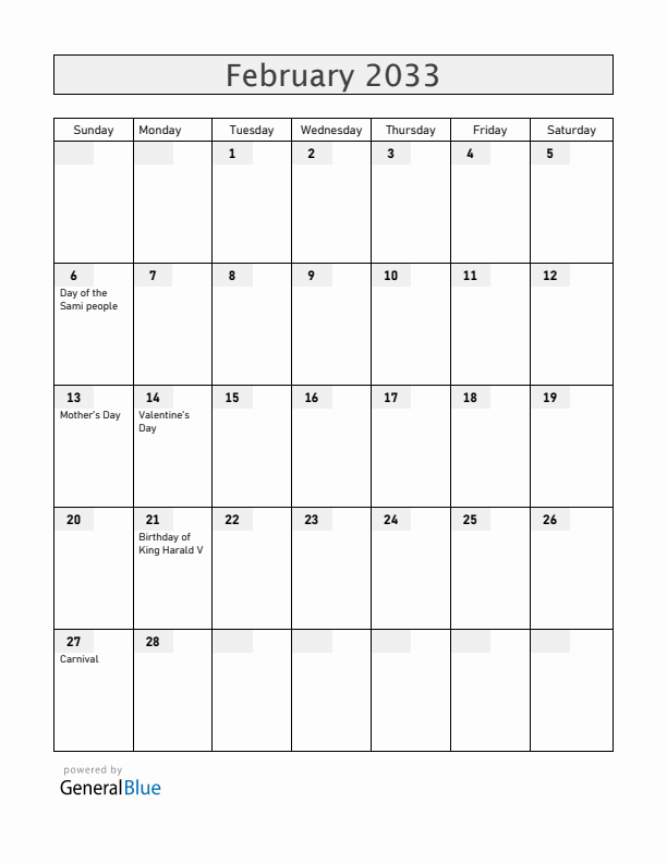 Norway February 2033 Calendar with Holidays