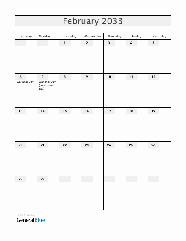 New Zealand February 2033 Calendar with Holidays