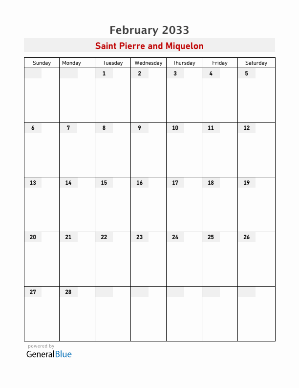Saint Pierre and Miquelon February 2033 Calendar with Holidays