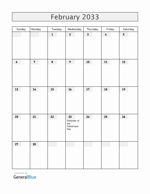 Russia February 2033 Calendar with Holidays