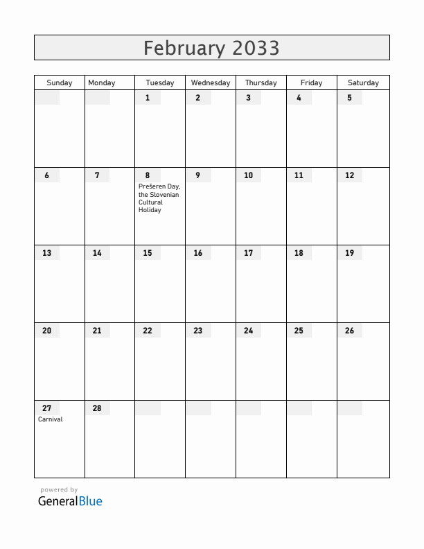 Slovenia February 2033 Calendar with Holidays