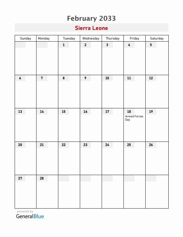 Sierra Leone February 2033 Calendar with Holidays