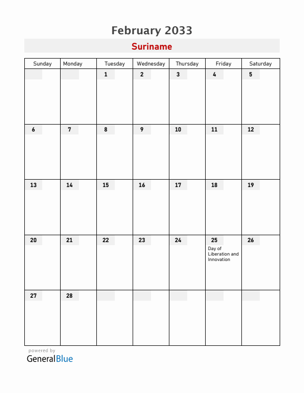 Suriname February 2033 Calendar with Holidays