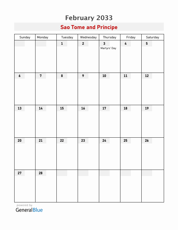 Sao Tome and Principe February 2033 Calendar with Holidays