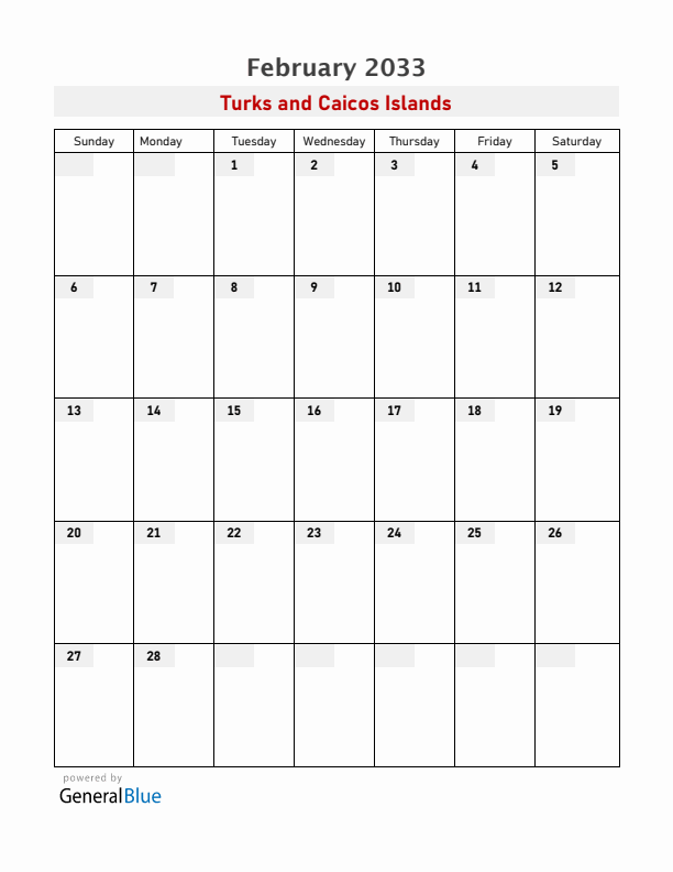 Turks and Caicos Islands February 2033 Calendar with Holidays