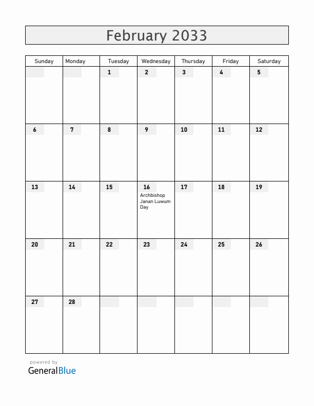 Uganda February 2033 Calendar with Holidays