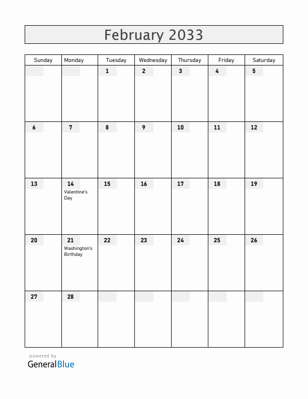 United States February 2033 Calendar with Holidays