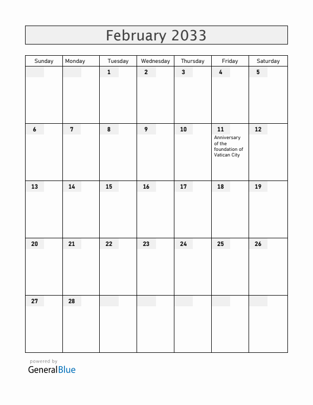 Vatican February 2033 Calendar with Holidays