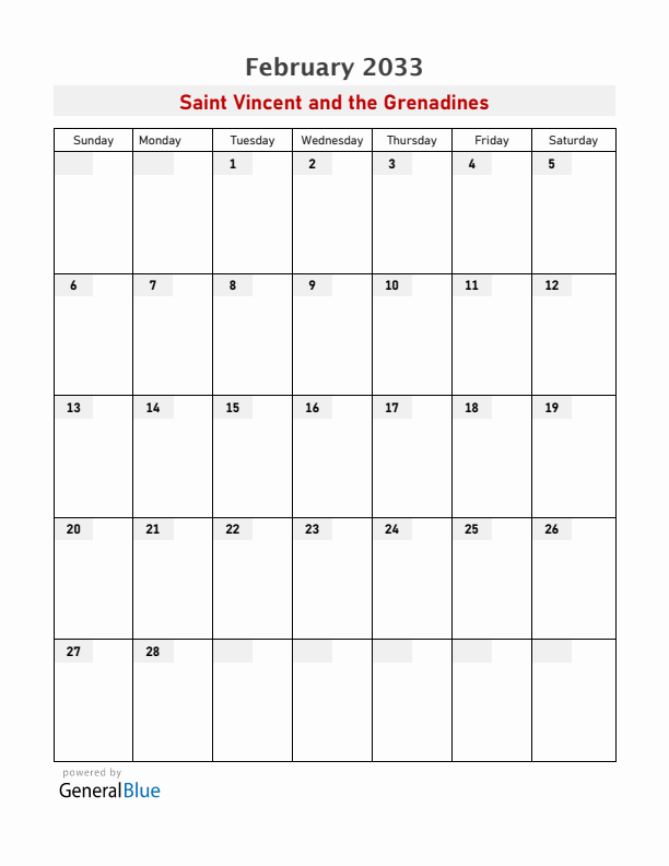 Saint Vincent and the Grenadines February 2033 Calendar with Holidays