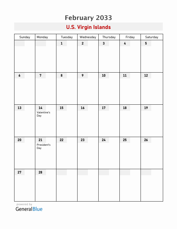 U.S. Virgin Islands February 2033 Calendar with Holidays