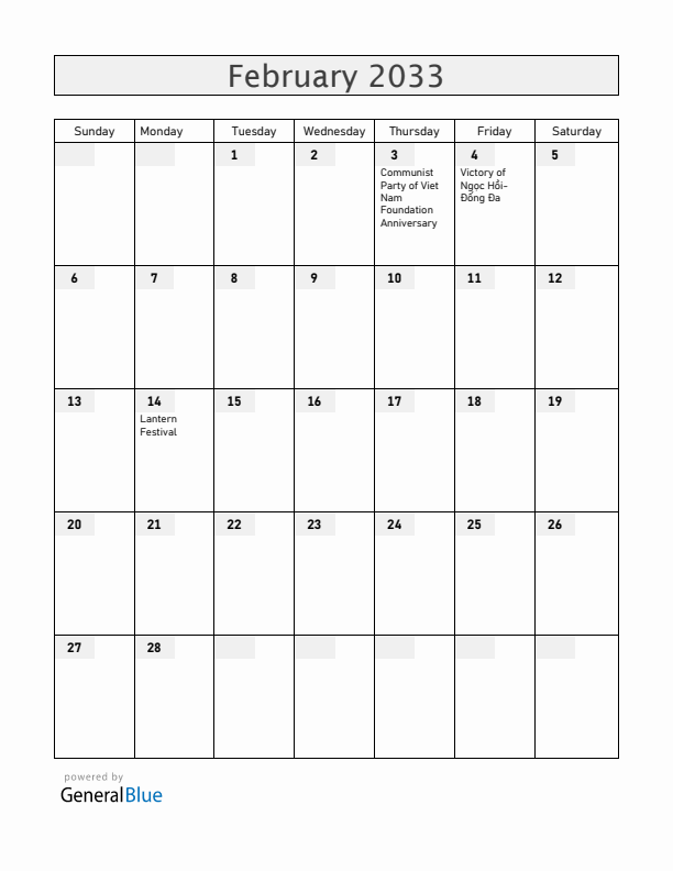 Vietnam February 2033 Calendar with Holidays