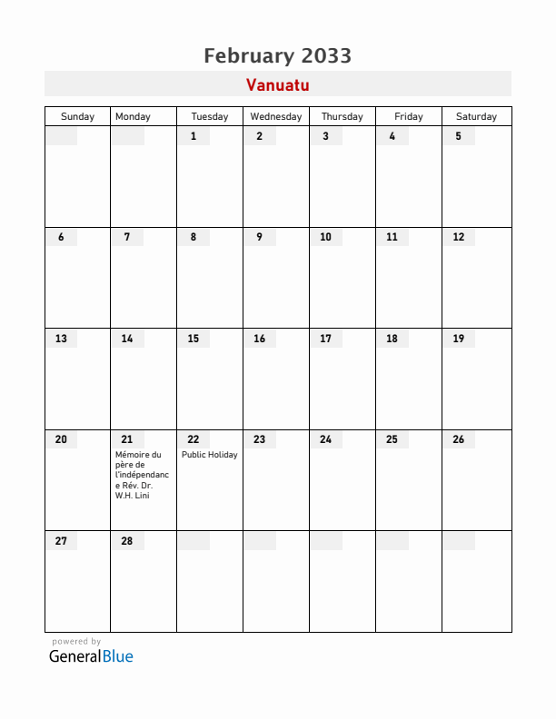 Vanuatu February 2033 Calendar with Holidays