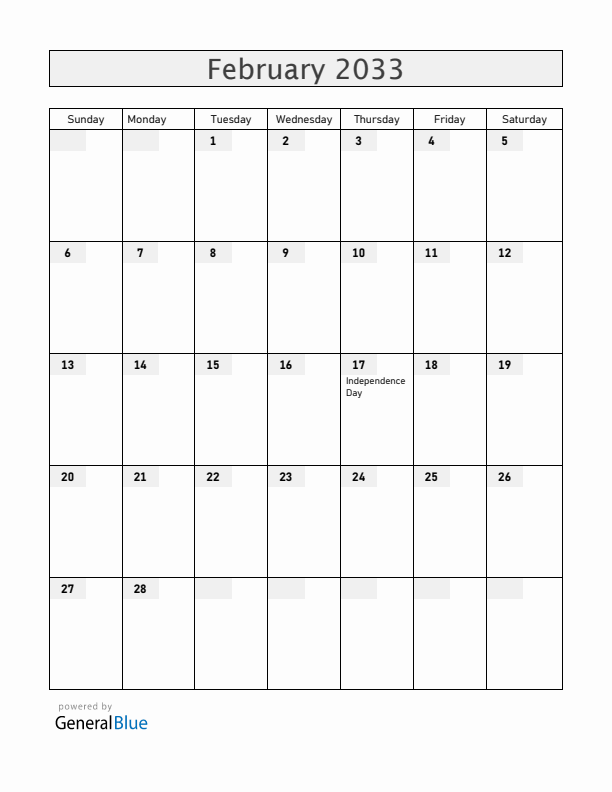 Kosovo February 2033 Calendar with Holidays