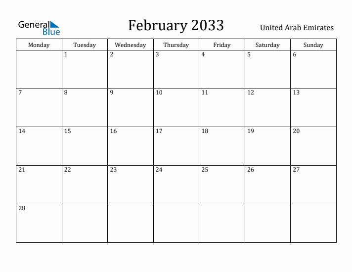 February 2033 Calendar United Arab Emirates