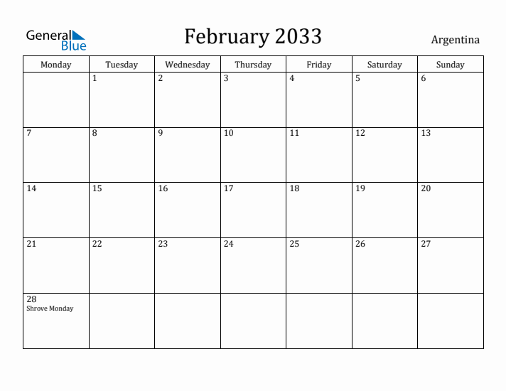February 2033 Calendar Argentina