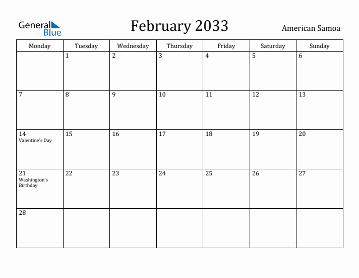 February 2033 Calendar American Samoa