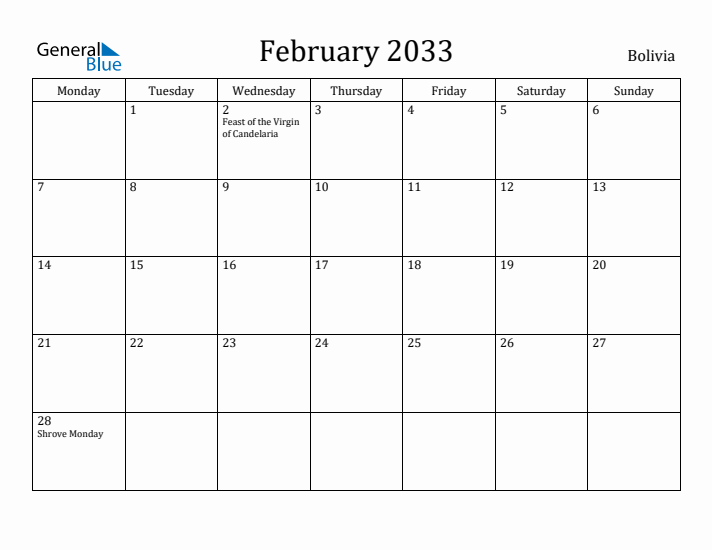 February 2033 Calendar Bolivia