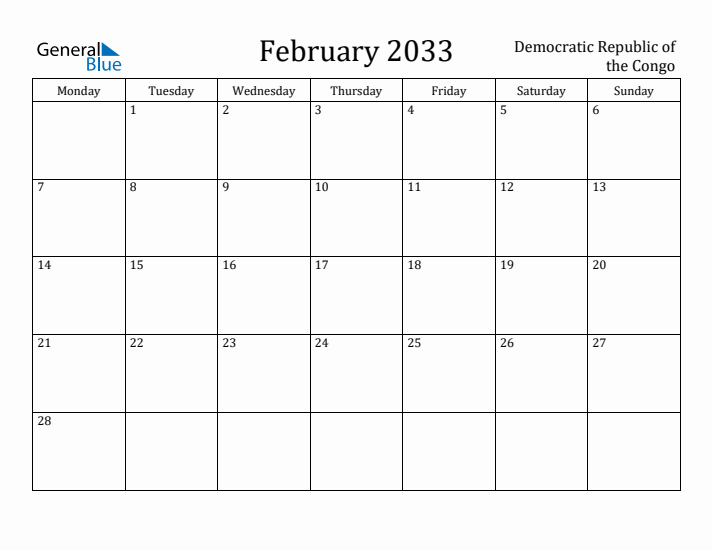 February 2033 Calendar Democratic Republic of the Congo