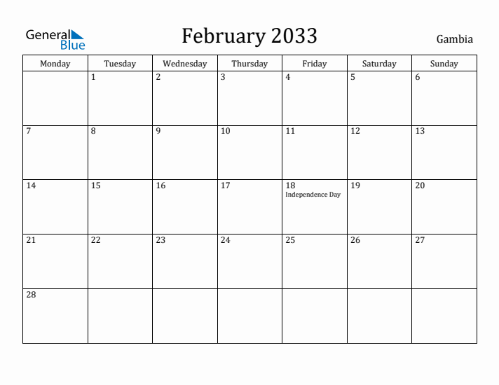 February 2033 Calendar Gambia