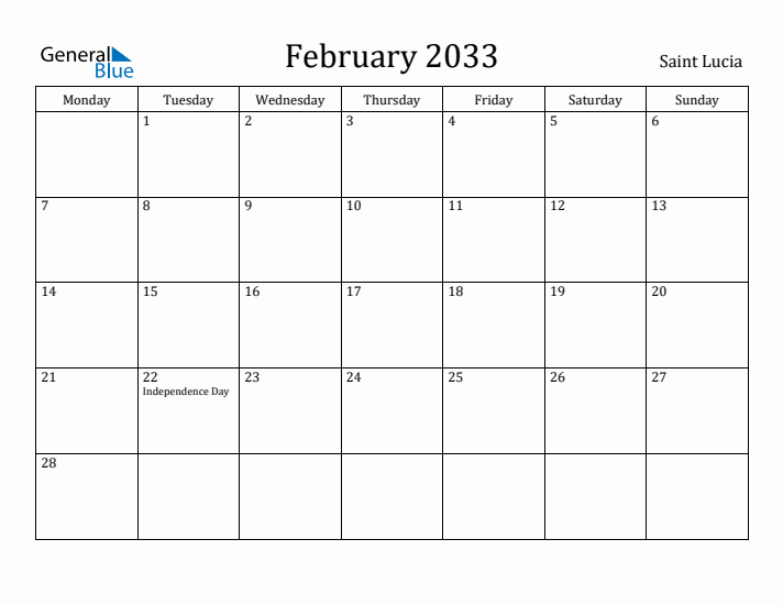 February 2033 Calendar Saint Lucia