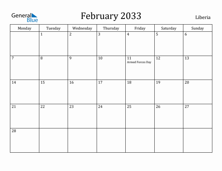 February 2033 Calendar Liberia