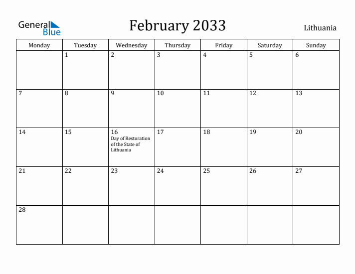 February 2033 Calendar Lithuania