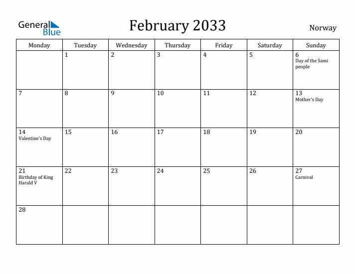 February 2033 Calendar Norway