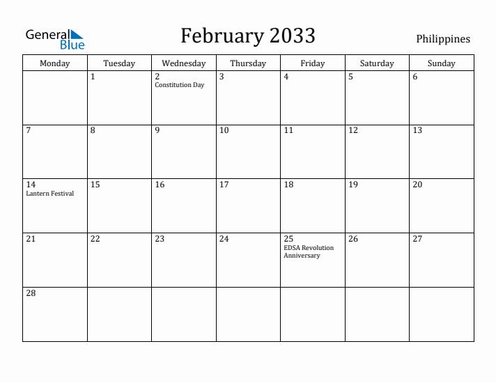 February 2033 Calendar Philippines