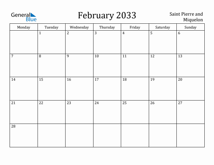 February 2033 Calendar Saint Pierre and Miquelon