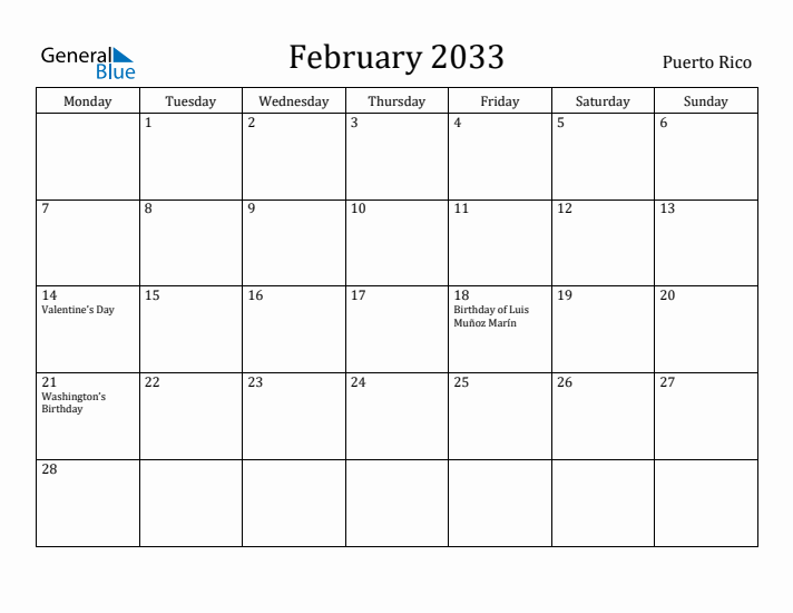 February 2033 Calendar Puerto Rico