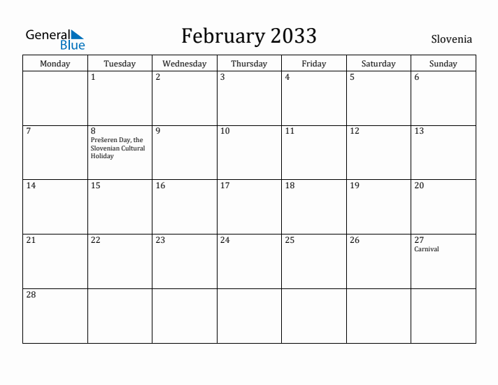 February 2033 Calendar Slovenia