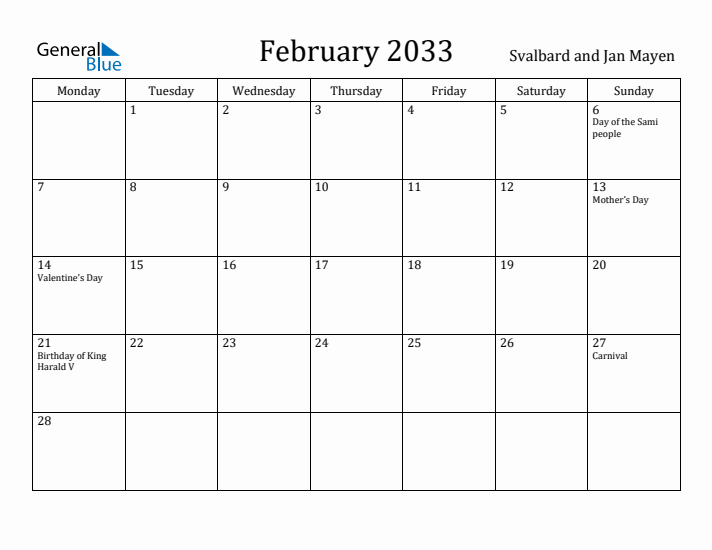 February 2033 Calendar Svalbard and Jan Mayen