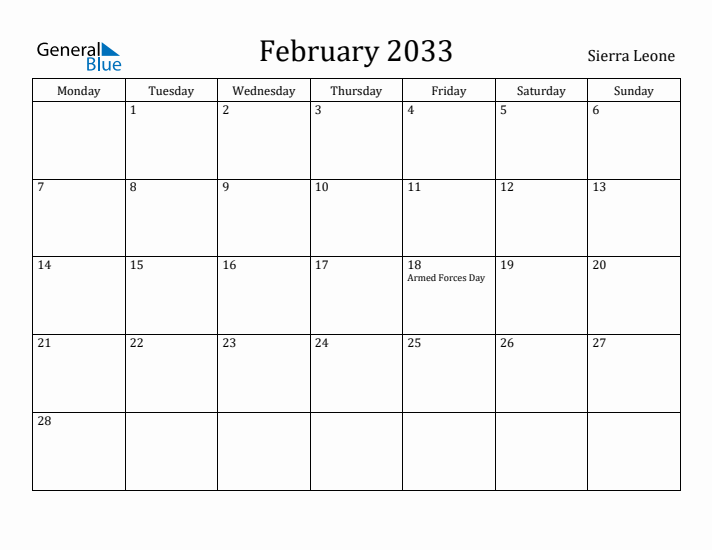 February 2033 Calendar Sierra Leone