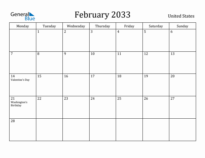 February 2033 Calendar United States