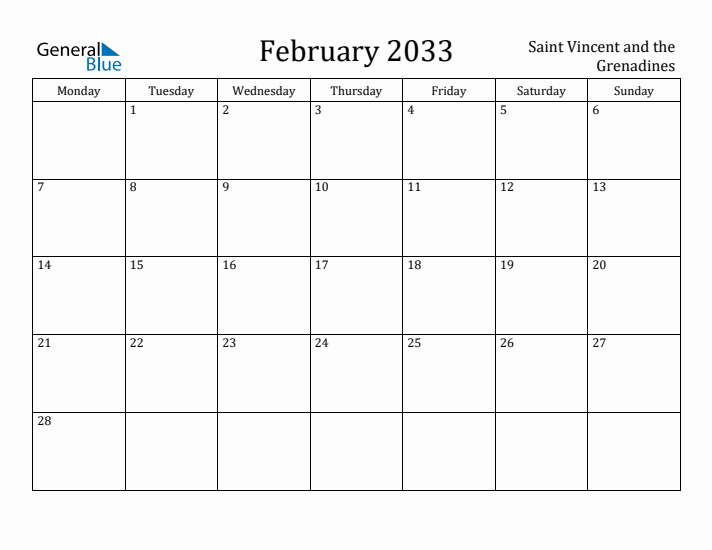 February 2033 Calendar Saint Vincent and the Grenadines