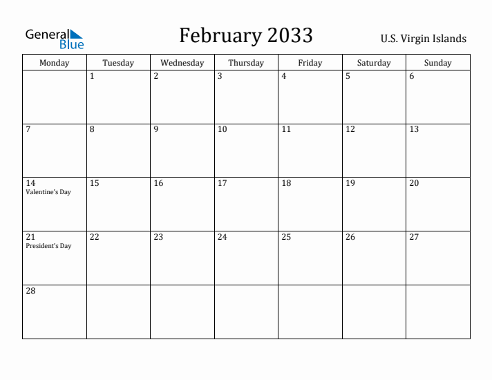 February 2033 Calendar U.S. Virgin Islands