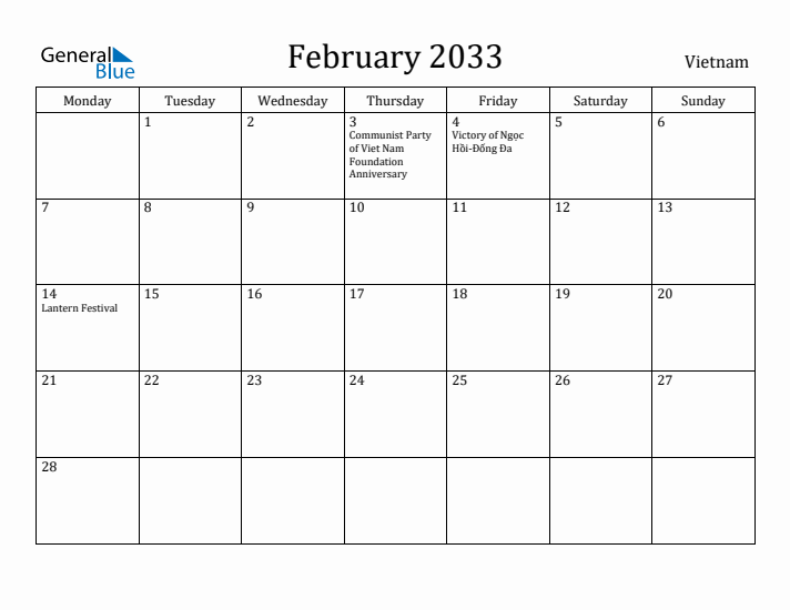 February 2033 Calendar Vietnam
