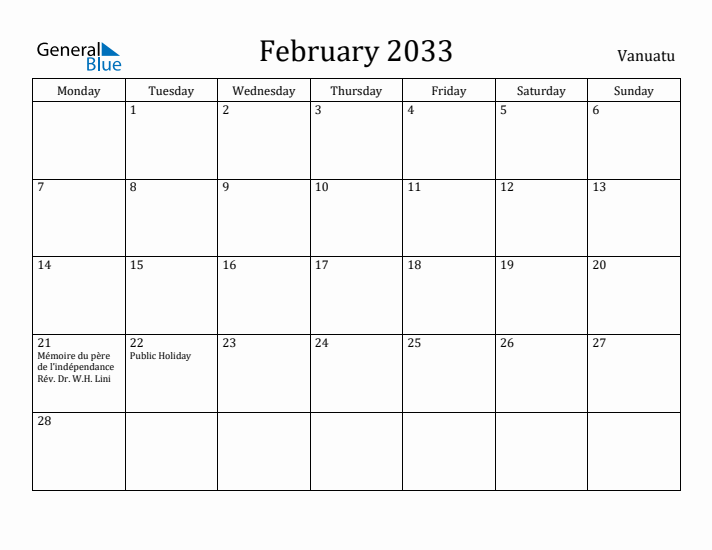 February 2033 Calendar Vanuatu
