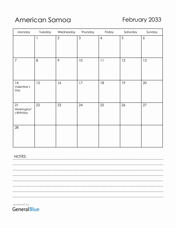 February 2033 American Samoa Calendar with Holidays (Monday Start)