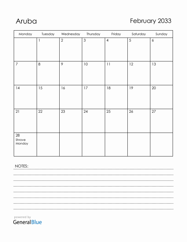 February 2033 Aruba Calendar with Holidays (Monday Start)